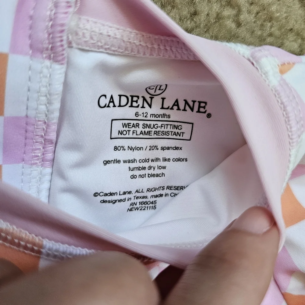 Caden Lane Girls Pink and Peach Checkerboard Long-Sleeve One-Piece Swimsuit